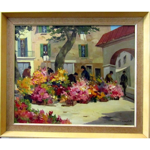 118 - R Righetti (20th century continental school) - Flower Market at Menton, oil on canvas, signed and wi... 