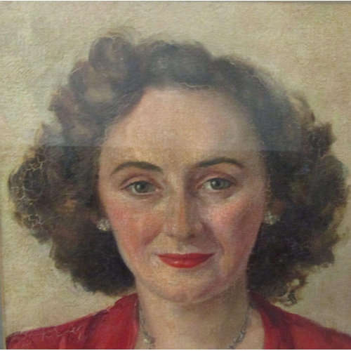 121 - Mid-20th century school - Shoulder length portrait of a woman in red, oil on canvas/board (not remov... 