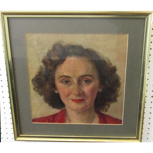 121 - Mid-20th century school - Shoulder length portrait of a woman in red, oil on canvas/board (not remov... 