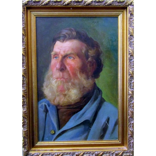 122 - Early 20th century school - Shoulder length portrait of bearded blue eyed man dressed in blue, oil o... 