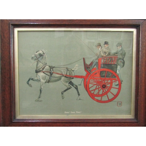 123 - An early 20th century caricature engraving of a horse and trap, with three male passengers - Easy! L... 