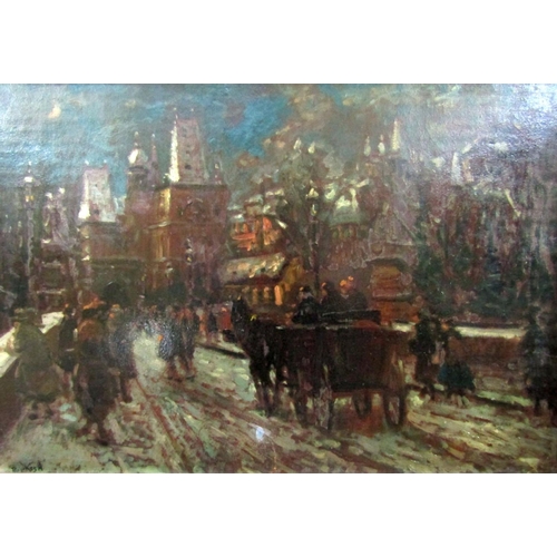 124 - Attributed to Antal Berkes (Hungarian 1874-1937) - Busy winter cityscape with figures, horse drawn c... 