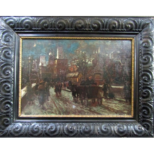 124 - Attributed to Antal Berkes (Hungarian 1874-1937) - Busy winter cityscape with figures, horse drawn c... 