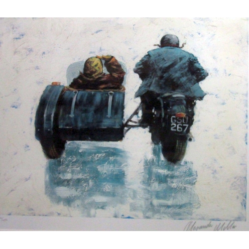 128 - Alexander Miller (Scottish B.1960) - Motorcycle and side car with passenger, signed limited edition ... 