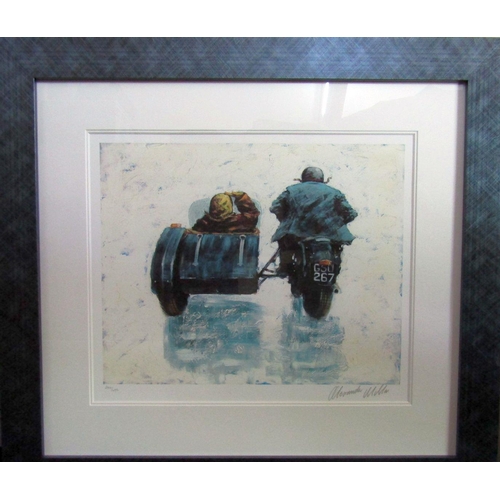 128 - Alexander Miller (Scottish B.1960) - Motorcycle and side car with passenger, signed limited edition ... 