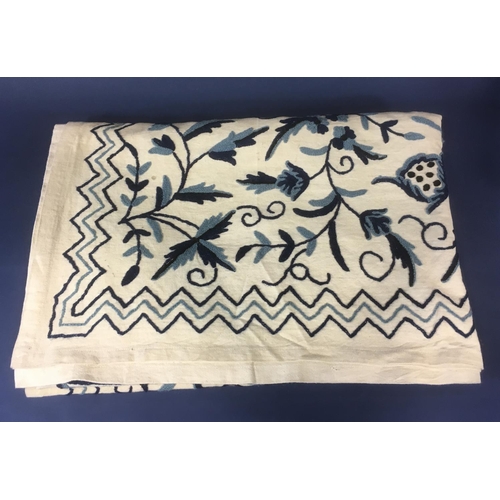 1598 - Large crewel work throw/ bedspread 260 x 180cm, in shades of blue on a natural ecru ground