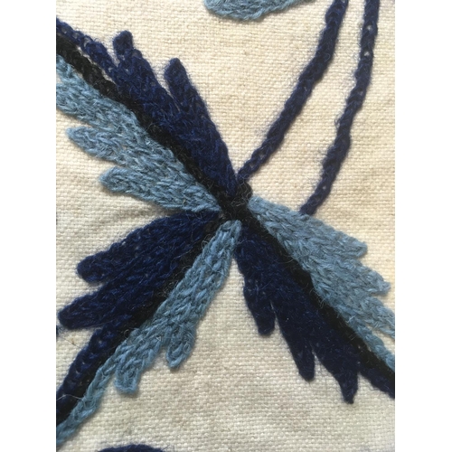 1598 - Large crewel work throw/ bedspread 260 x 180cm, in shades of blue on a natural ecru ground