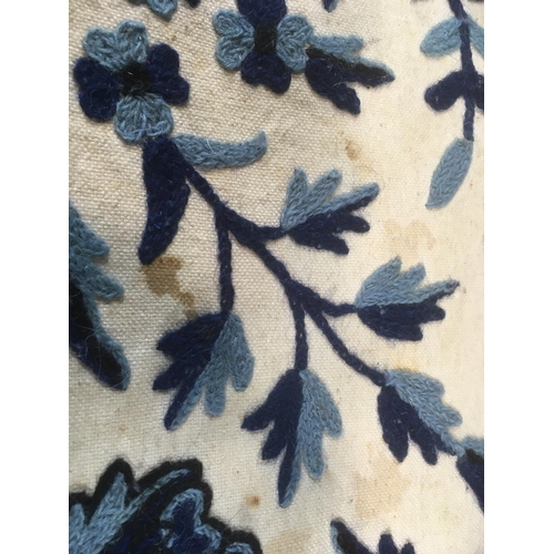 1598 - Large crewel work throw/ bedspread 260 x 180cm, in shades of blue on a natural ecru ground