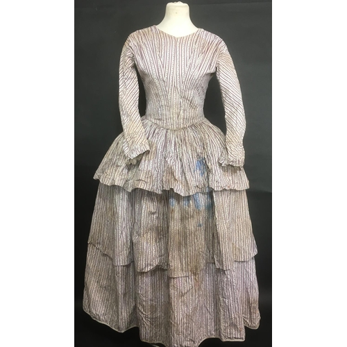 1601 - Victorian day dress C1840 hand stitched in printed cotton, with full skirt tightly gathered and pipe... 