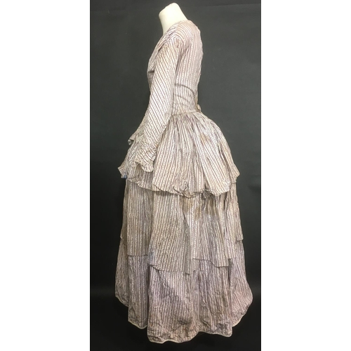 1601 - Victorian day dress C1840 hand stitched in printed cotton, with full skirt tightly gathered and pipe... 