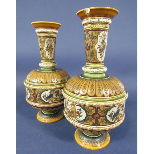 1124 - A pair of early 20th century Mettlath vases with incised and painted decoration including cartouches... 