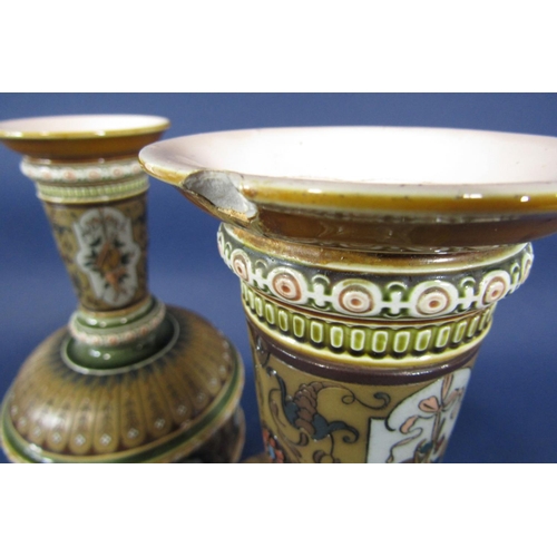 1124 - A pair of early 20th century Mettlath vases with incised and painted decoration including cartouches... 