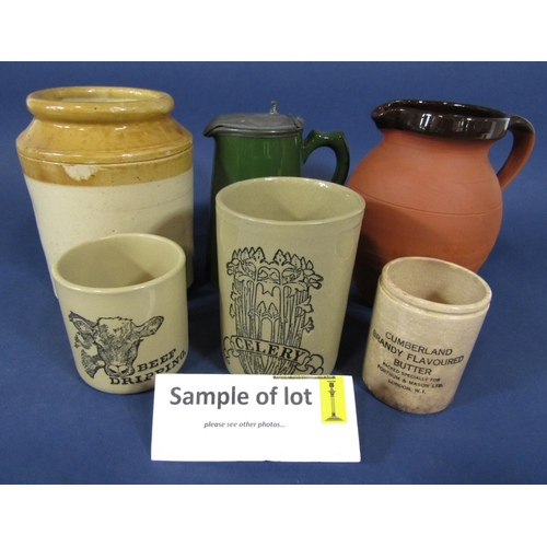 1127 - A collection of stoneware jars, including example marked celery, example marked beef dripping, toget... 