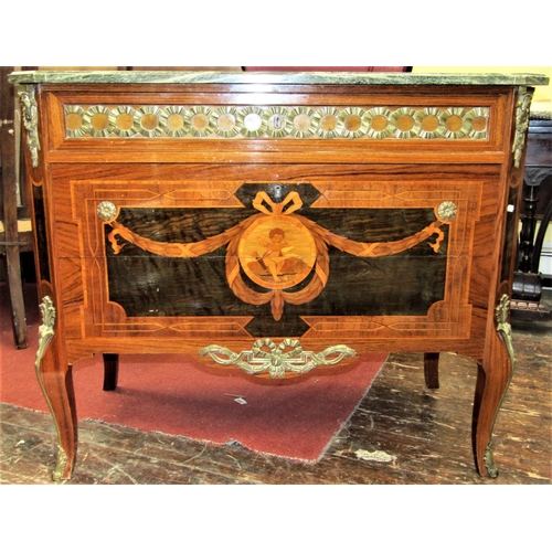 2791 - An inlaid continental commode fitted with three drawers, with applied brass fittings, set beneath a ... 