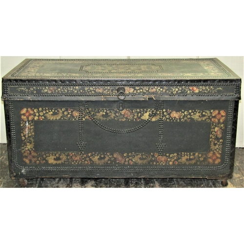 2818 - A Georgian camphor wood travelling trunk overlaid in green leather with brass stud detail, unusually... 