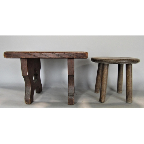 702 - Two antique oak stools, the rectangular example with quatrefoil carved pierced top and open joints, ... 