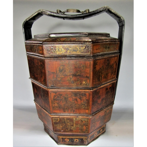 711 - Good Chinese stacking octagonal wedding dowry, with cane work to the handle and panels decorated wit... 