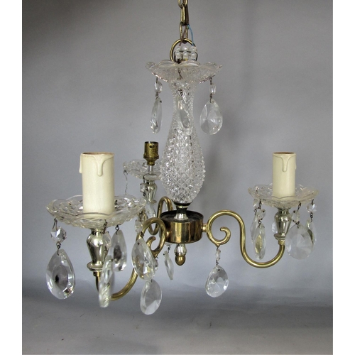 713 - A three branch cut glass hanging ceiling light, together with a further glass drop ceiling light (2)