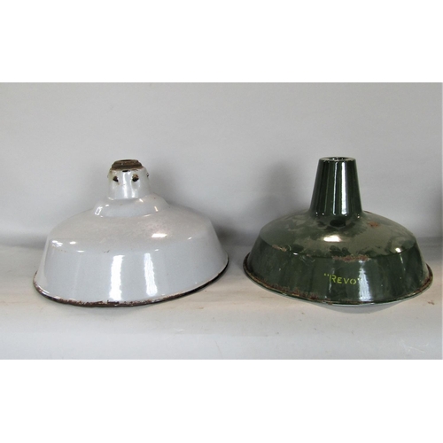 721 - Five industrial enamel lampshades, one in racing green, the others in grey, 32cm diameter, together ... 