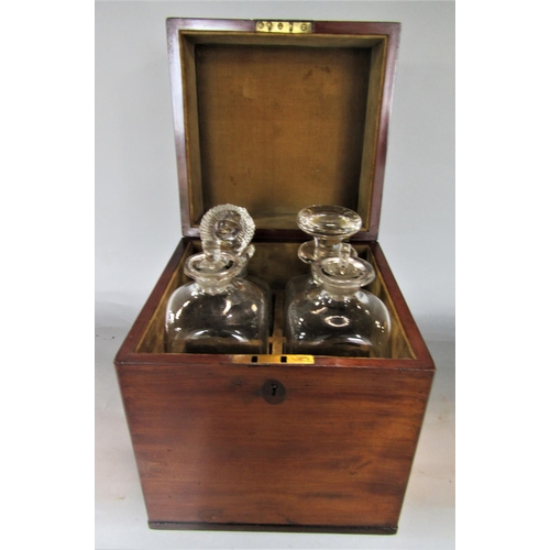 723 - 19th century mahogany decanter box with twin handles and hinged lid enclosing four period harlequin ... 