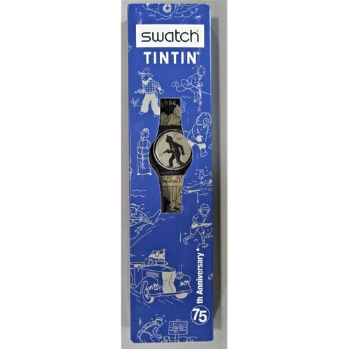 724 - Collection of items relating to Tintin to include 75th anniversary Swatch watch and four biscuit tin... 