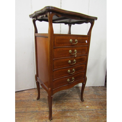 2784 - An inlaid Edwardian sheet music cabinet, the shaped top over an open alcove, the five drawers with s... 