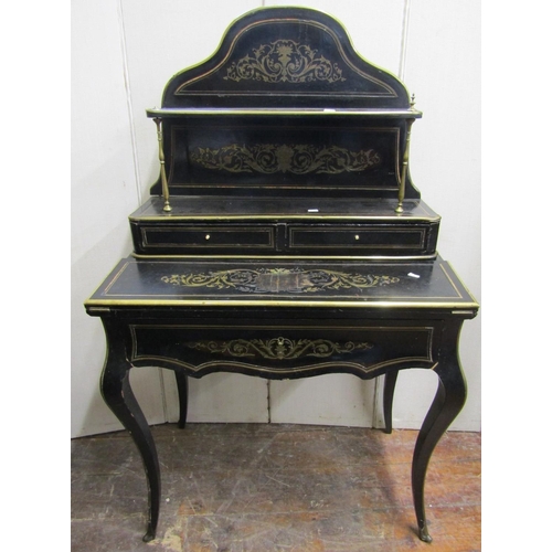 2806 - A 19th century French bonheur de jour, the ebonised finish with inlaid engraved brass detail, foldin... 