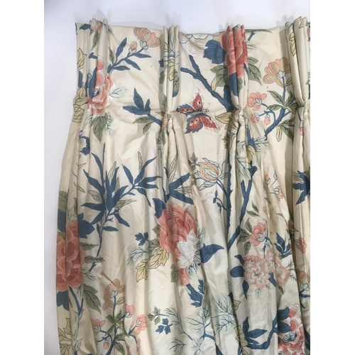 1586 - 1 pair full length curtains with a blue and pink floral design on pale ground and pink scalloped edg... 