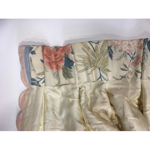 1586 - 1 pair full length curtains with a blue and pink floral design on pale ground and pink scalloped edg... 