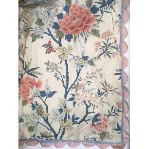 1586 - 1 pair full length curtains with a blue and pink floral design on pale ground and pink scalloped edg... 