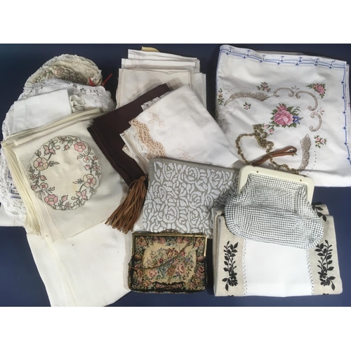 1616 - Small collection of vintage white table linen together with 2 beaded purses and a 1950's tapestry pu... 