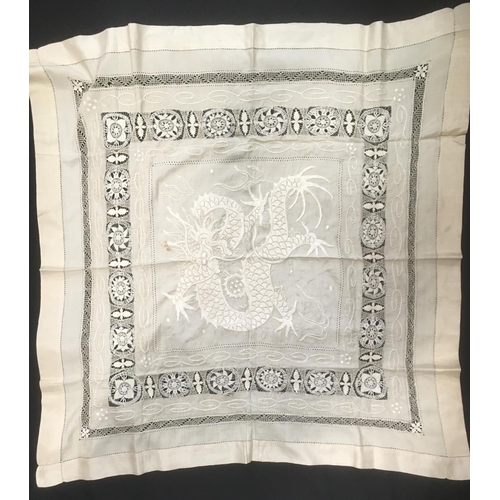 1627 - Collection of vintage textiles including an ivory silk square with central embroiderd chinese dragon... 