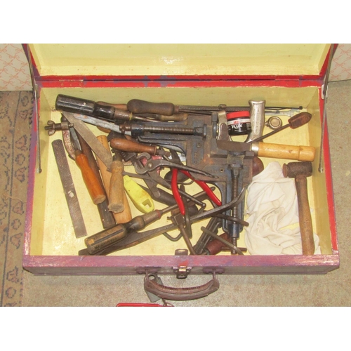 2249 - A painted wooden portable tool chest containing a small quantity of carpentry related hand tools