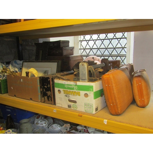 2253 - Three boxes of miscellaneous items including a glazed stoneware barrel, Edwardian/1920s oak framed a... 