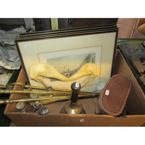 2253 - Three boxes of miscellaneous items including a glazed stoneware barrel, Edwardian/1920s oak framed a... 