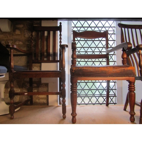 2258 - A late Victorian mahogany open elbow chair with moulded bar back over a worn leather upholstered sea... 