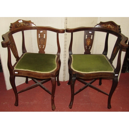 2776 - A pair of inlaid mahogany corner chairs, with pierced splats, marquetry inlaid detail, with upholste... 