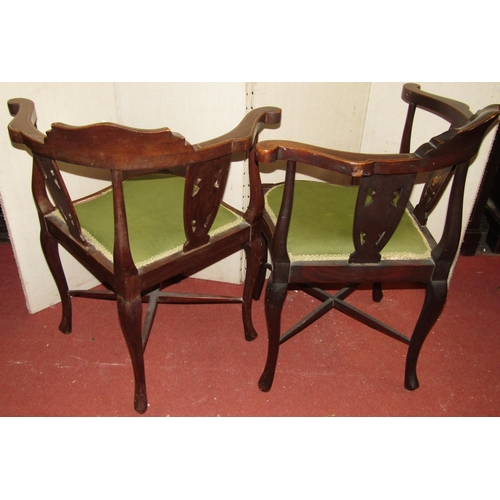 2776 - A pair of inlaid mahogany corner chairs, with pierced splats, marquetry inlaid detail, with upholste... 