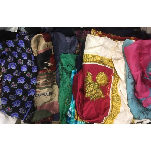 1605 - Box of ladies scarves, mostly in silk, some with designer labels including Liberty, Cartier, Christi... 