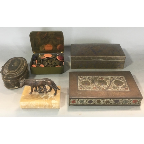 732 - A mixed eastern lot comprising an Indian bronze study of Romulus and Remus, an enamelled tobacco box... 