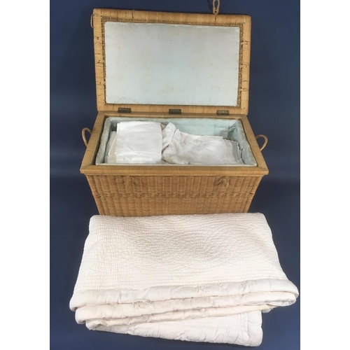 1621 - Vintage wicker basket with hinged lid  containing white bed and table linen and lace together with a... 