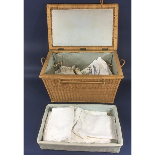 1621 - Vintage wicker basket with hinged lid  containing white bed and table linen and lace together with a... 