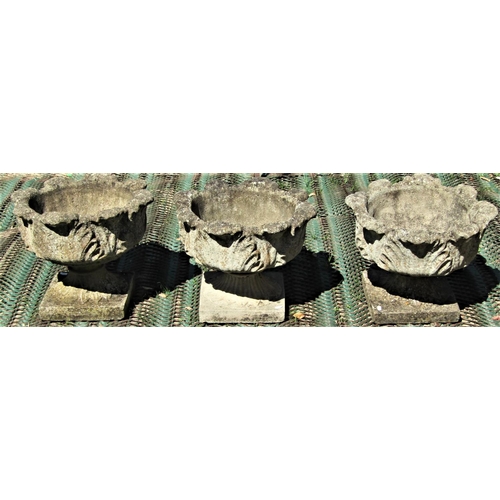 2078 - Three reclaimed garden urns, with cabbage leaf bowls and foliate socles with square bases, 45cm diam... 