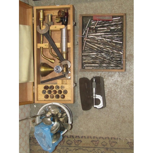 2243 - A cased Dewrence Metal Powder Deposition Torch, together with a quantity of drill bits, cigar box an... 