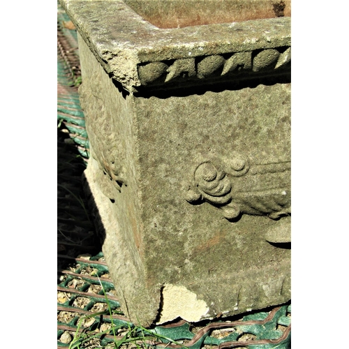 2079 - A pair of small reclaimed square cut garden urns, with classical repeating fluted and egg and dart d... 