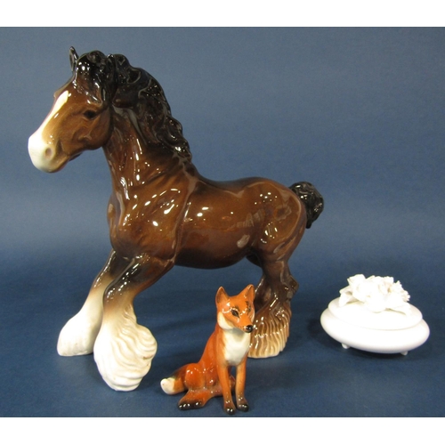 72 - Two Beswick models, one of a trotting shire horse, the other a fox, together with a Crown Staffordsh... 