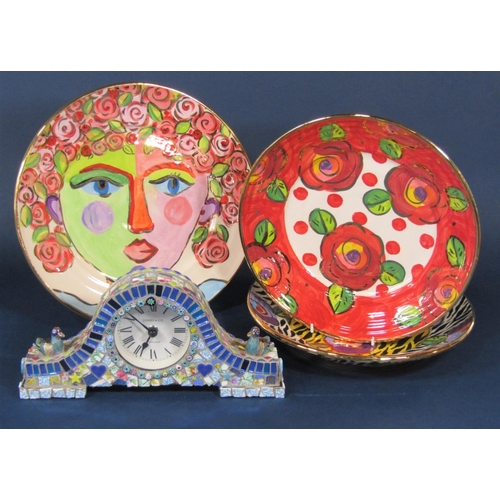 73 - Three studio potter dishes by Mary Rose Young, one with stylised painted and gilded decoration of a ... 