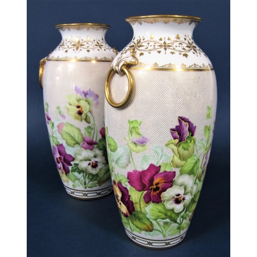 76 - A pair of good quality 19th century vases with painted pansy and sweet pea decoration against a gilt... 