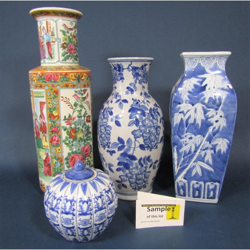 78 - A collection of reproduction oriental blue and white ceramics including three graduated vases and co... 