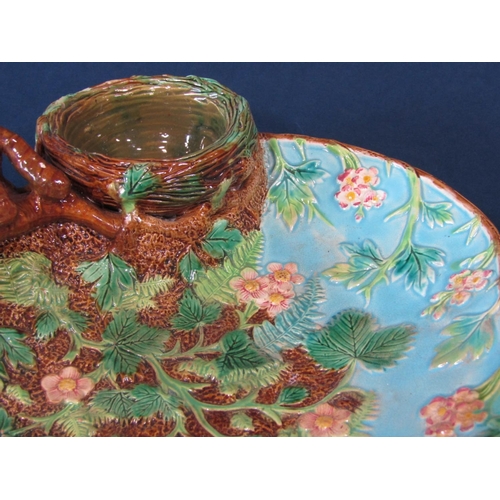 71 - A 19th century majolica strawberry dish by George Jones, modelled as a pair of nests with strawberry... 